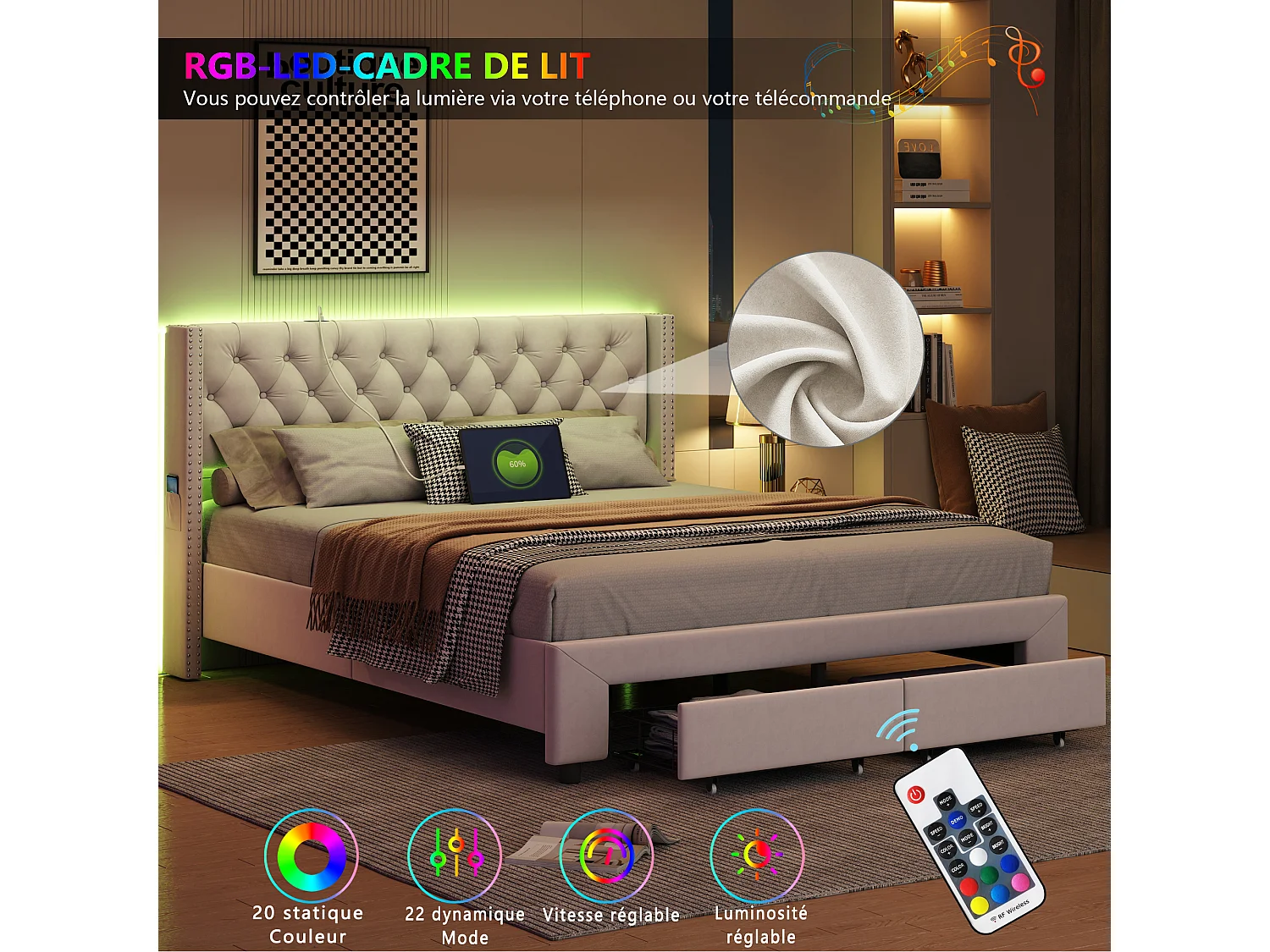 Letto rivettato 160*200cm, cassetto + striscia luminosa + porta di ricarica USB + borsa portaoggetti, velluto, beige