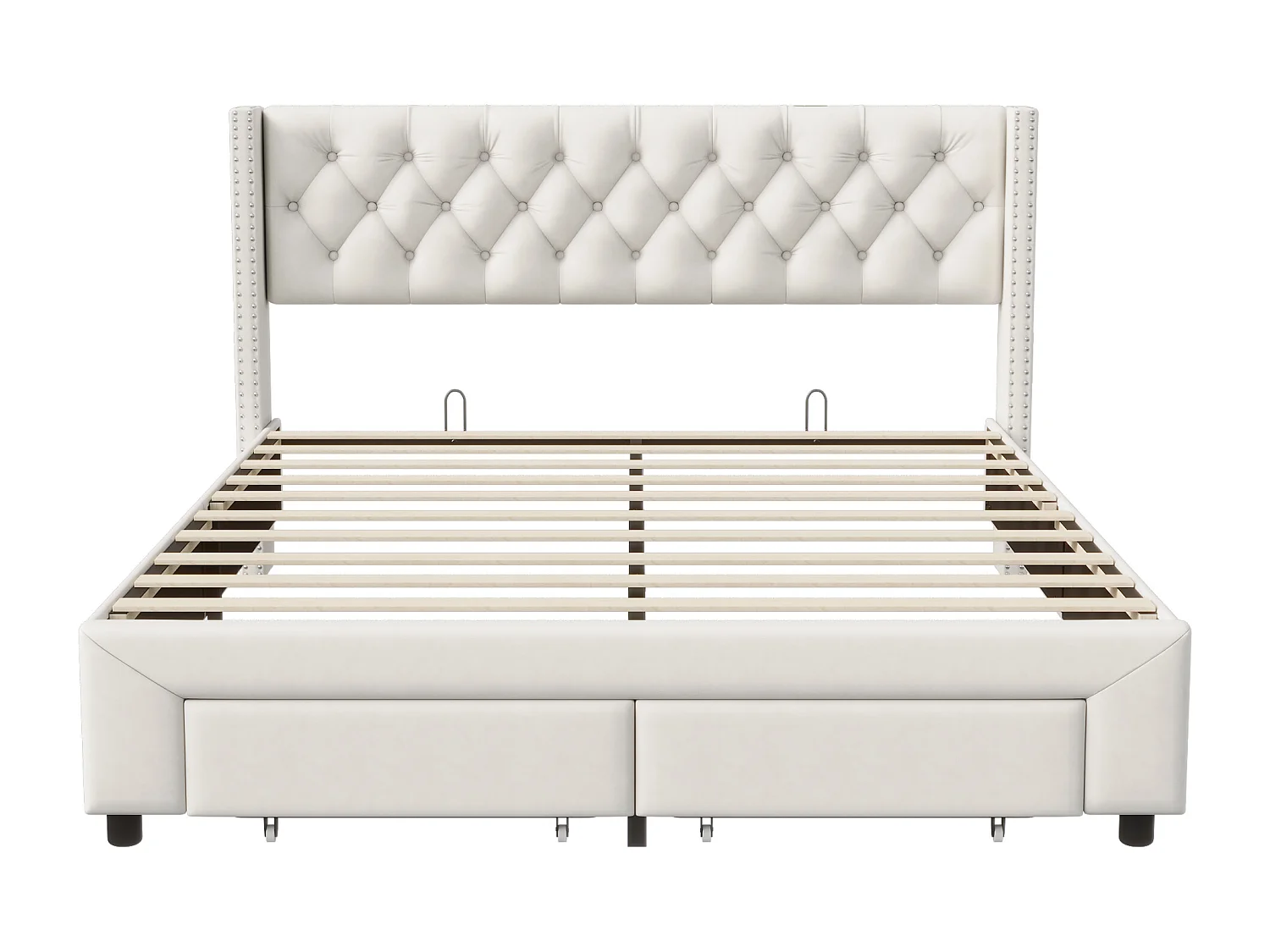 Letto rivettato 160*200cm, cassetto + striscia luminosa + porta di ricarica USB + borsa portaoggetti, velluto, beige