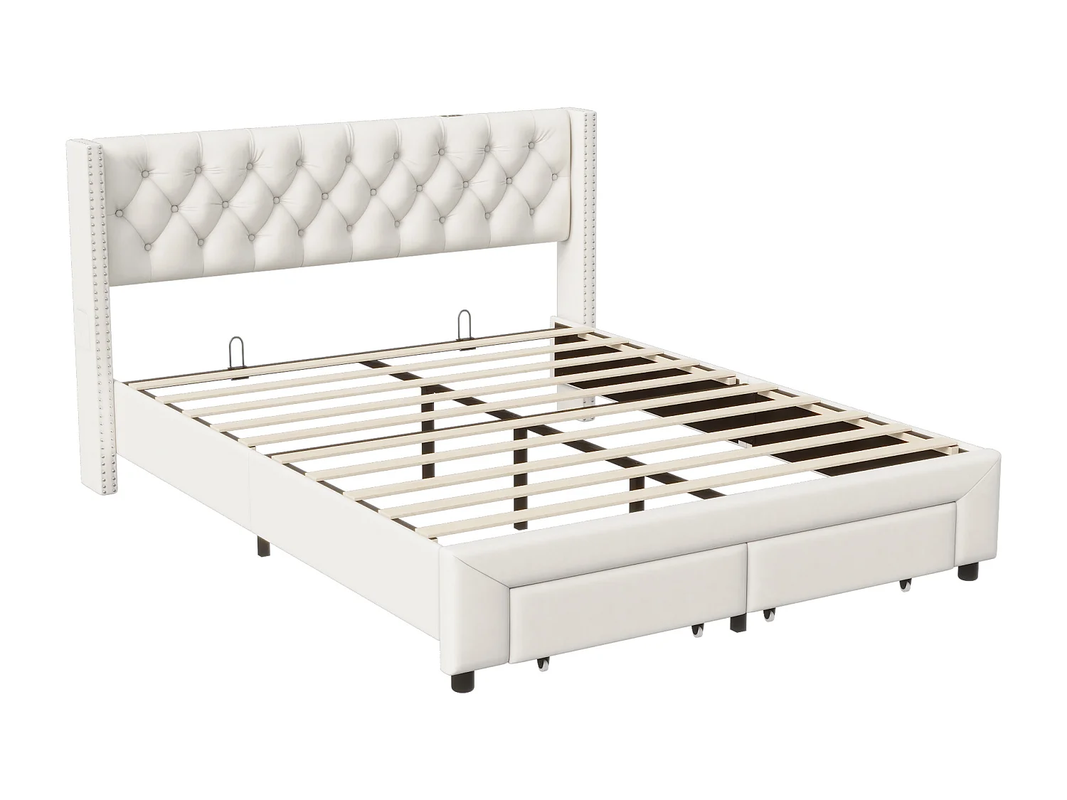 Letto rivettato 160*200cm, cassetto + striscia luminosa + porta di ricarica USB + borsa portaoggetti, velluto, beige