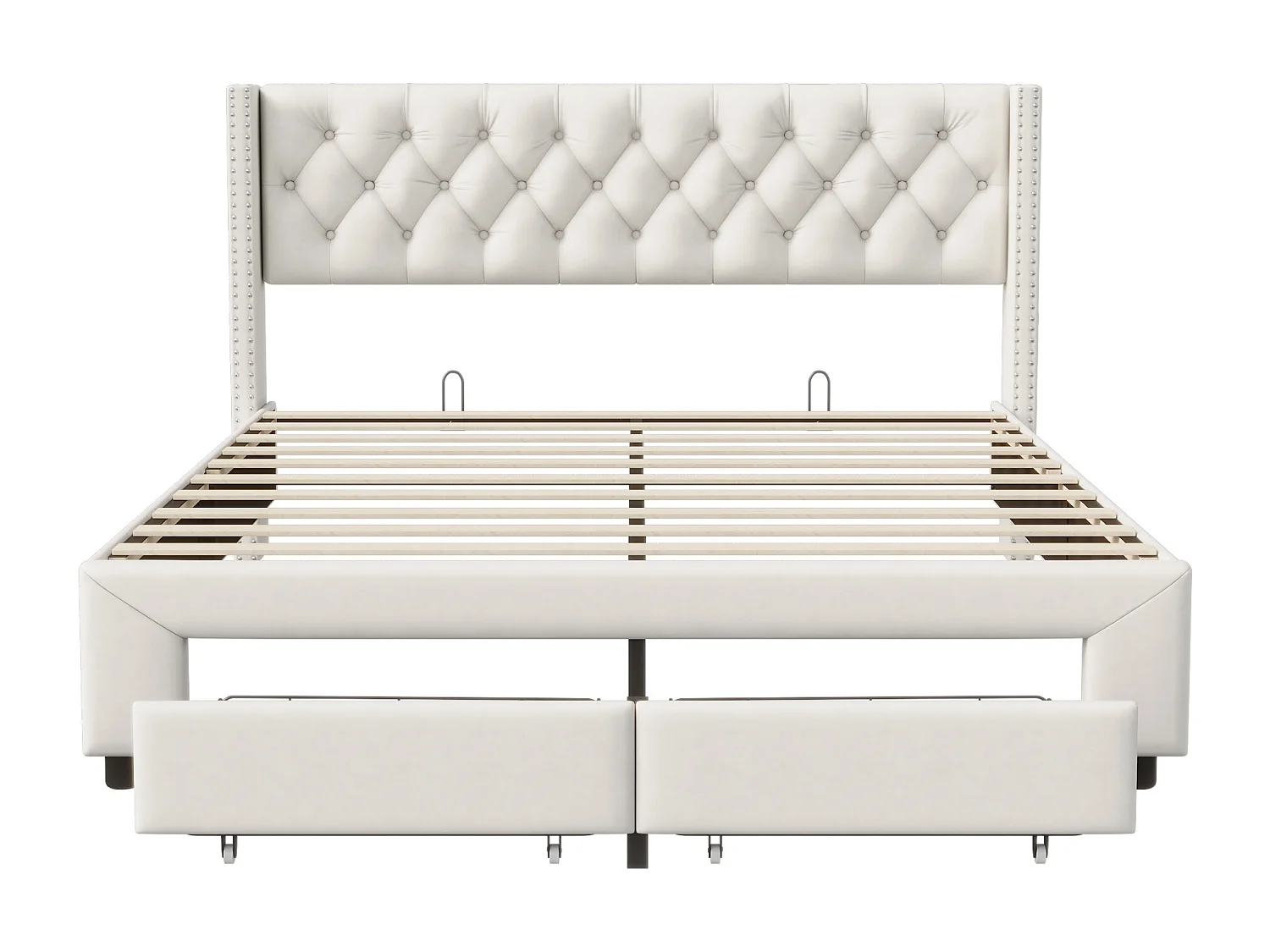 Letto rivettato 160*200cm, cassetto + striscia luminosa + porta di ricarica USB + borsa portaoggetti, velluto, beige