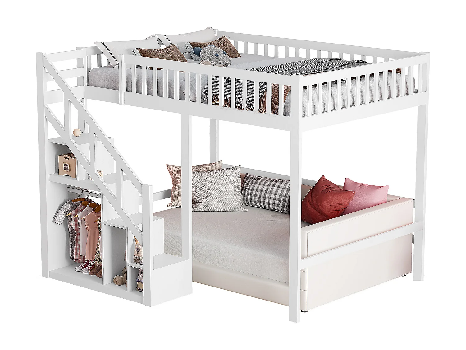 Cama de cabine multifuncional 90*200cm, com grades altas nos quatro lados, escada para armazenamento, madeira maciça, branca.