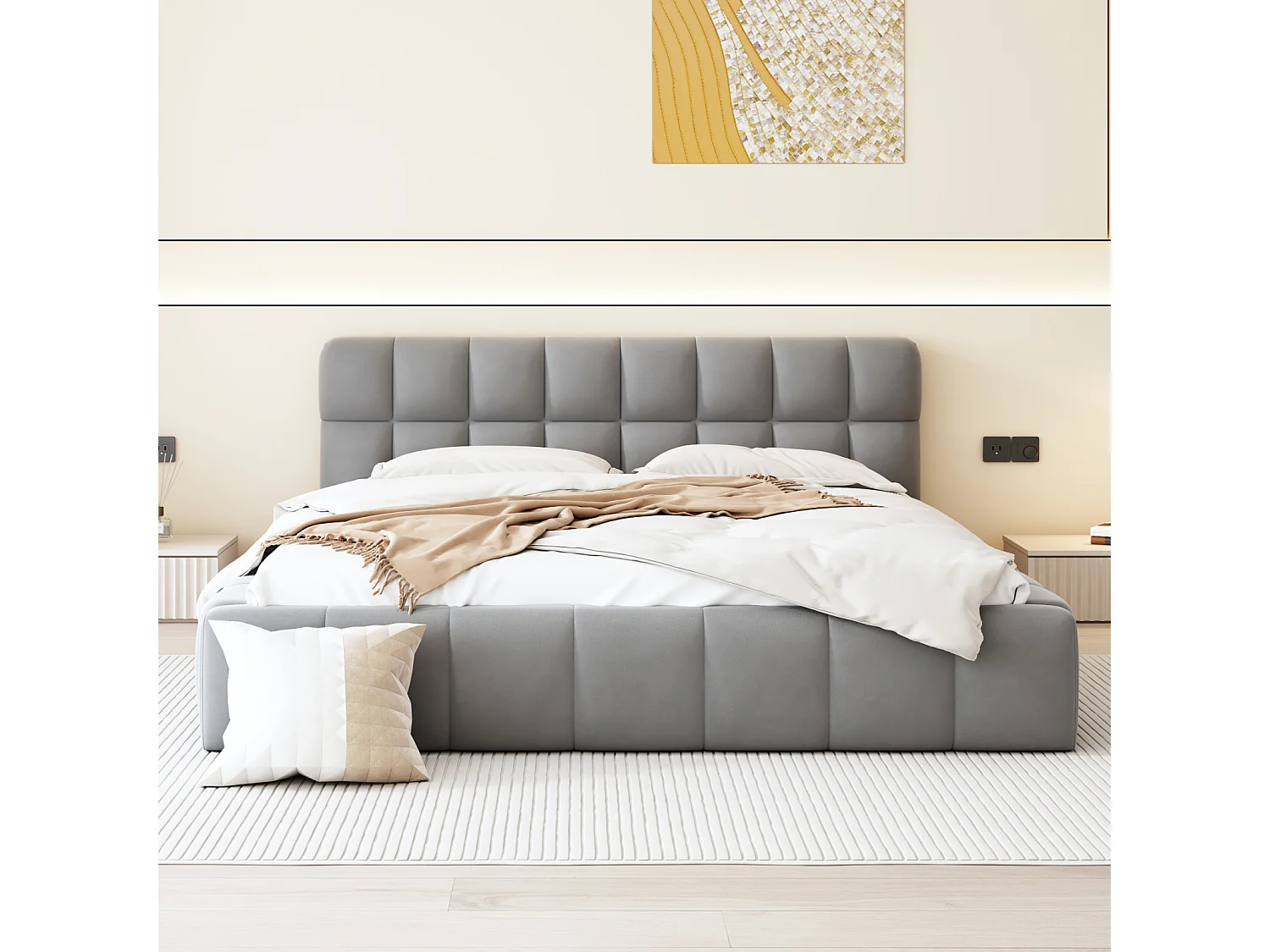 Gestoffeerd bed 140 x 200 cm, tweepersoonsbed met zachte rugleuning, gewatteerde rand, lattenbodem, linnen, grijs