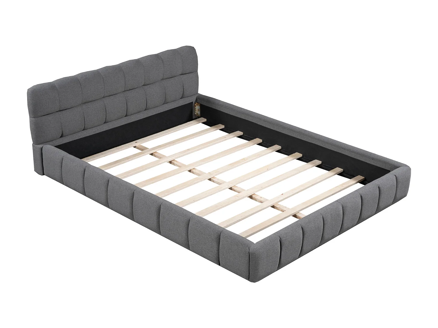 Gestoffeerd bed 140 x 200 cm, tweepersoonsbed met zachte rugleuning, gewatteerde rand, lattenbodem, linnen, grijs