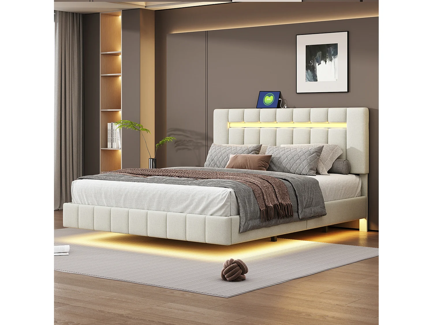 Lit capitonné 160 x 200 cm avec cadre de lit flottant capitonné + éclairage LED, lin doux pour la peau, beige
