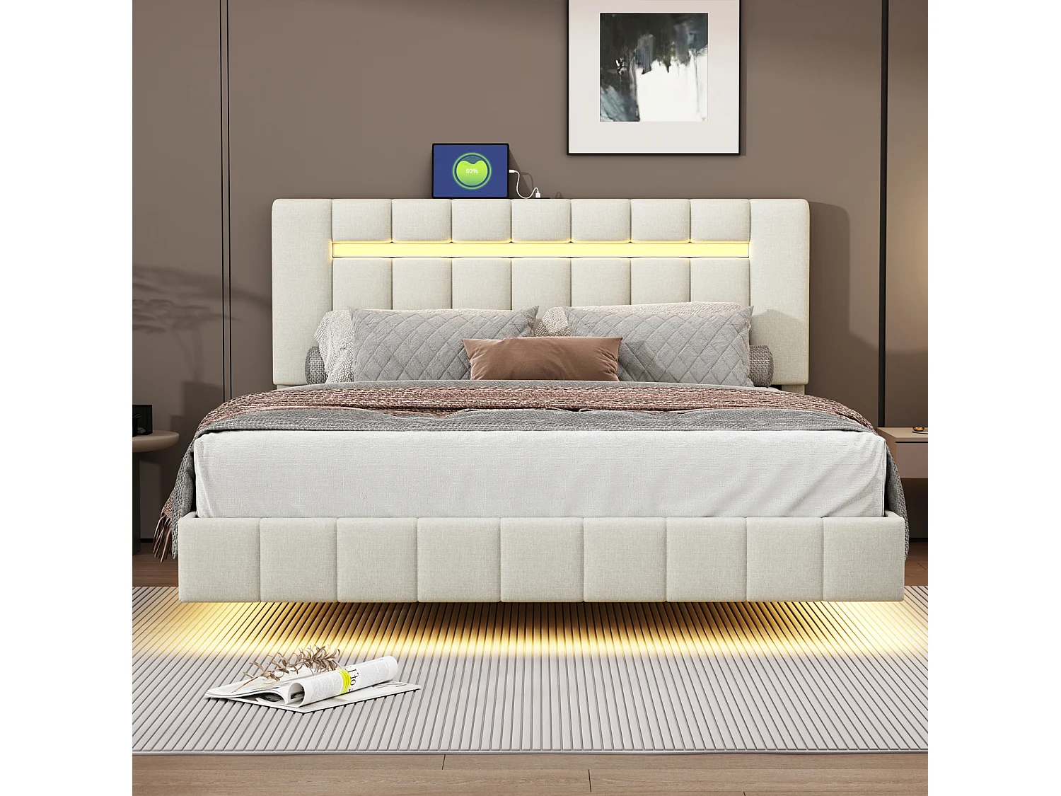 Lit capitonné 160 x 200 cm avec cadre de lit flottant capitonné + éclairage LED, lin doux pour la peau, beige