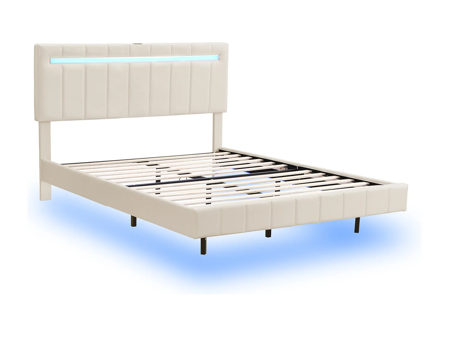 Lit capitonné 160 x 200 cm avec cadre de lit flottant capitonné + éclairage LED, lin doux pour la peau, beige
