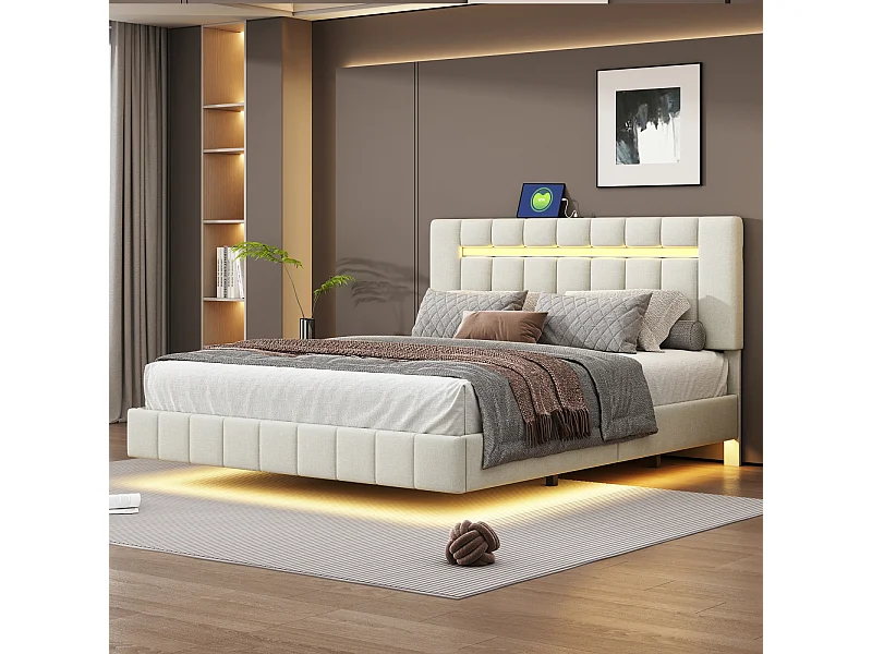 Lit capitonné 160 x 200 cm avec cadre de lit flottant capitonné + éclairage LED, lin doux pour la peau, beige