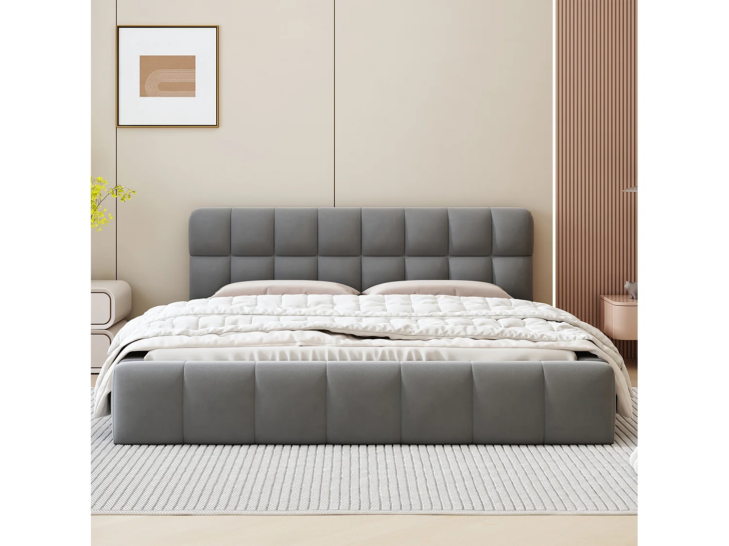 Gestoffeerd bed 140 x 200 cm, met zachte rugleuning, bedbodem met gewatteerde rand, lattenbodem in linnen, grijs