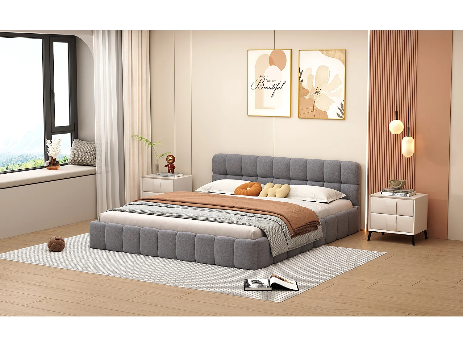 Gestoffeerd bed 140 x 200 cm, met zachte rugleuning, bedbodem met gewatteerde rand, lattenbodem in linnen, grijs