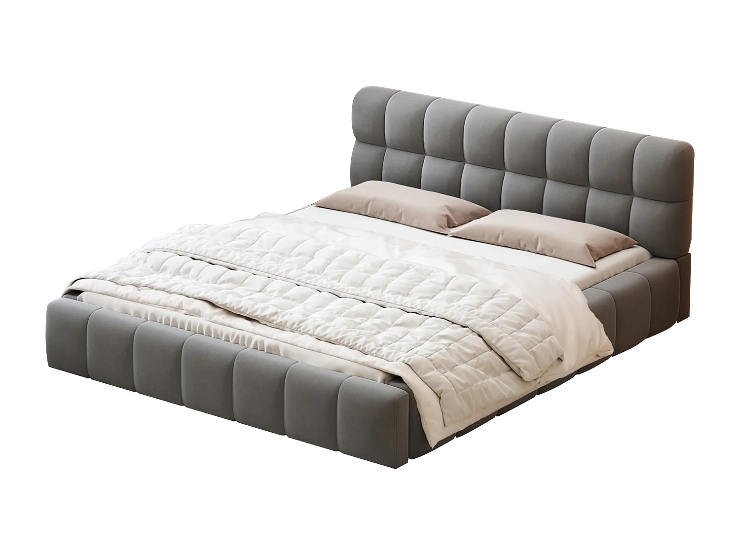 Gestoffeerd bed 140 x 200 cm, met zachte rugleuning, bedbodem met gewatteerde rand, lattenbodem in linnen, grijs