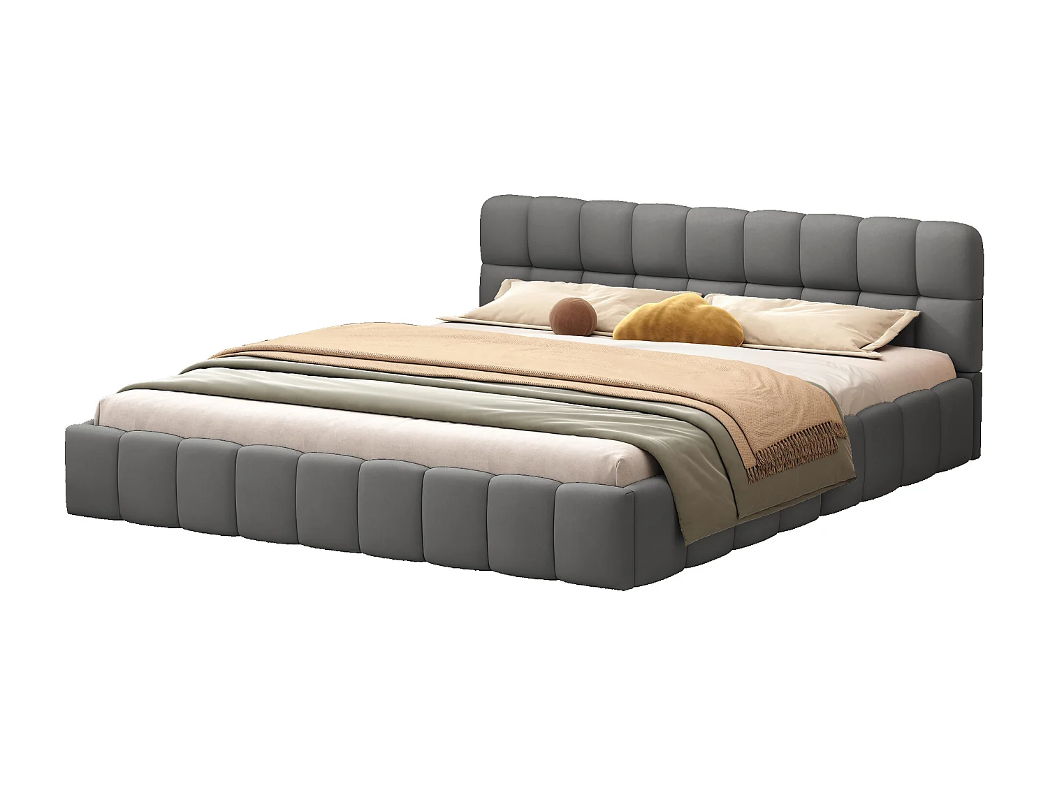 Gestoffeerd bed 140 x 200 cm, met zachte rugleuning, bedbodem met gewatteerde rand, lattenbodem in linnen, grijs