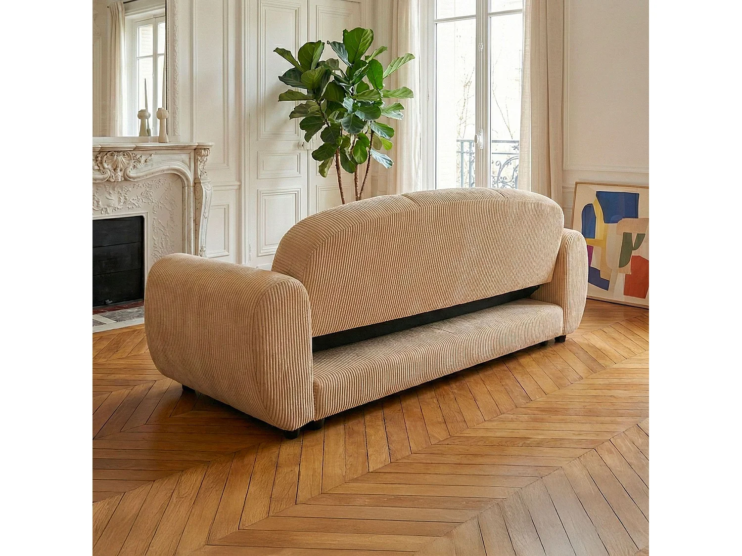 Schlafsofa 3-Sitzer Ausklappbarer Cordstoff Beige Oliver Modern und Bequem