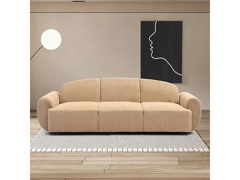 Canapé 3 places convertible dossier et accoudoirs arrondis Oliver Velours côtelé Beige