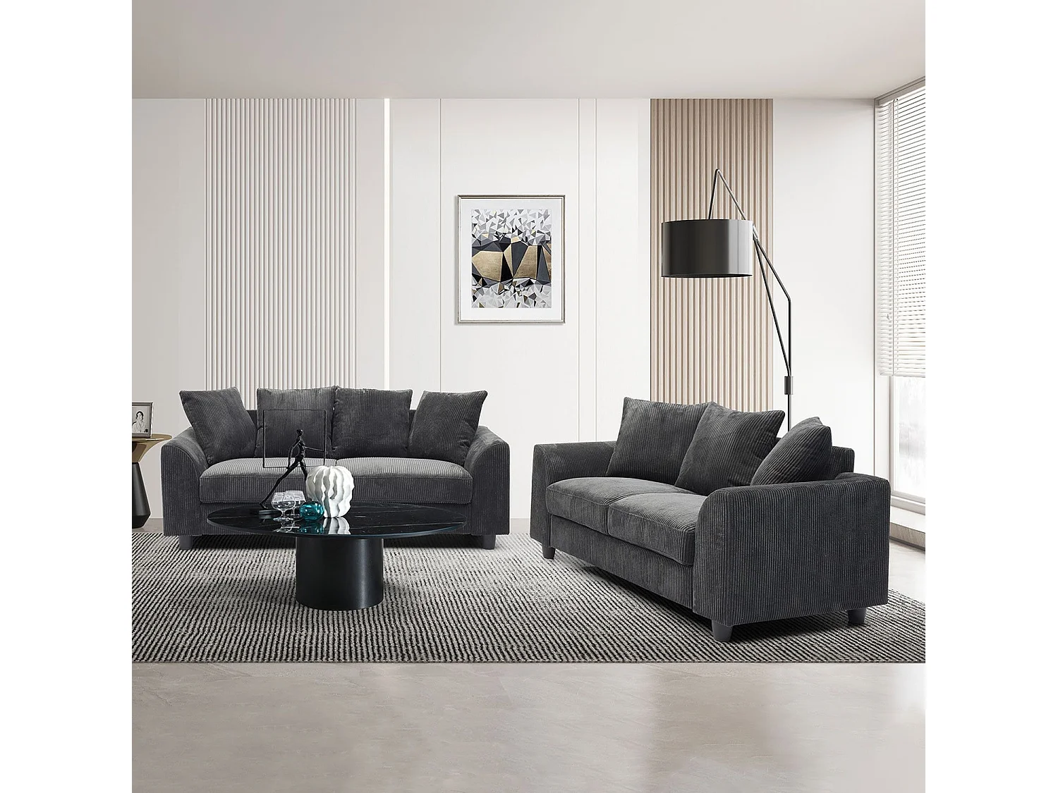 Zeitgenössisches 3-Sitzer-Sofa aus dunkelgrauem Ripp-Velours Mozart - Eleganz und moderner Komfort