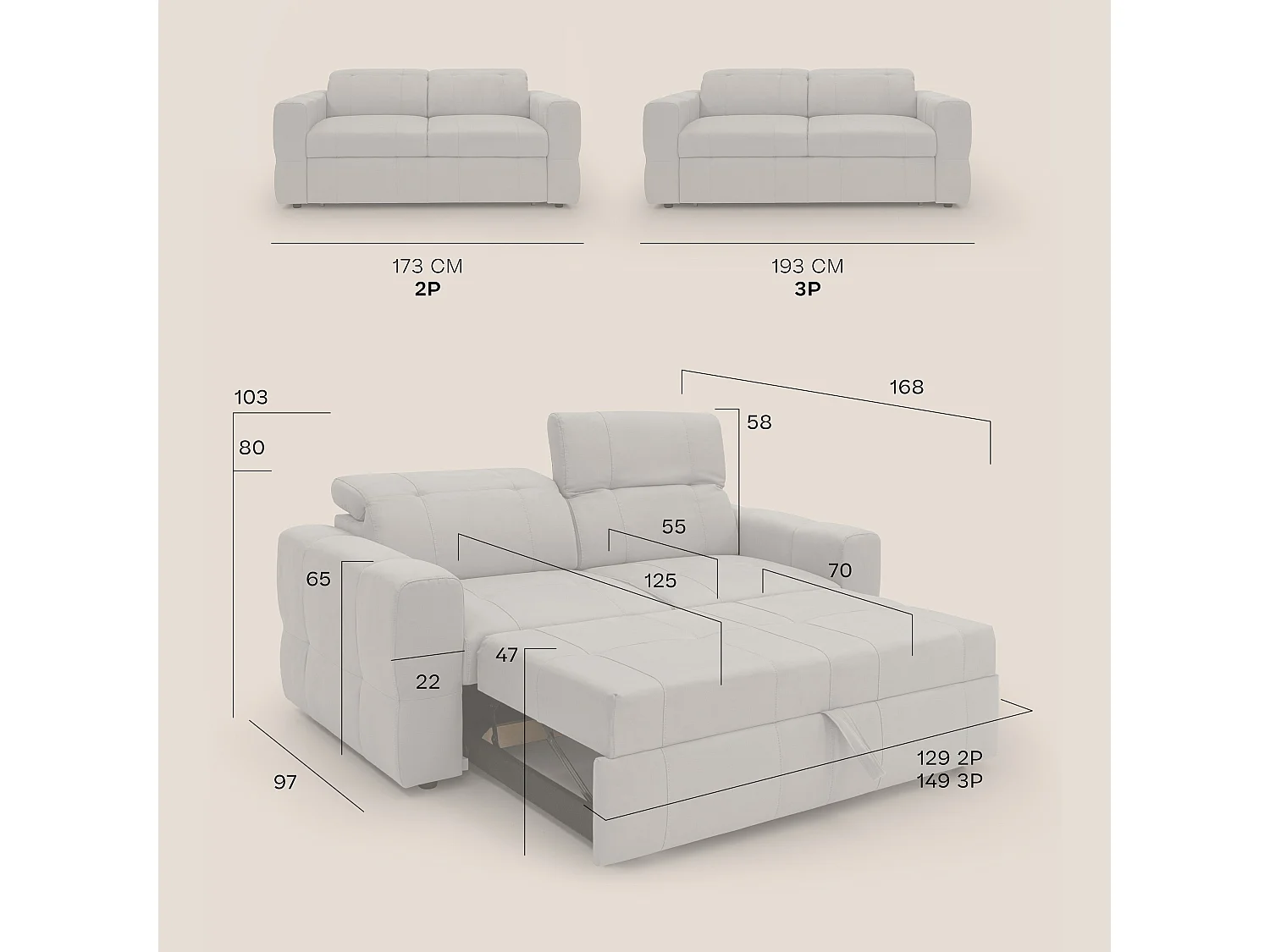 Kronos 2-Sitzer Sofa 173 cm mit ausziehbarer Ottomane und verstellbare Kopfstützen aus weicher wasserfester Mikrofaser T11 Baby Blau