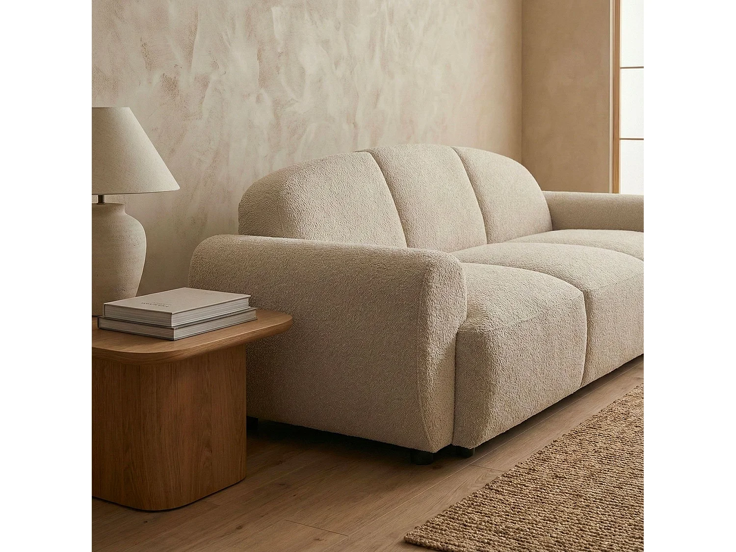 Canapé 3 places convertible dossier et accoudoirs arrondis Oliver Tissu texturé Beige