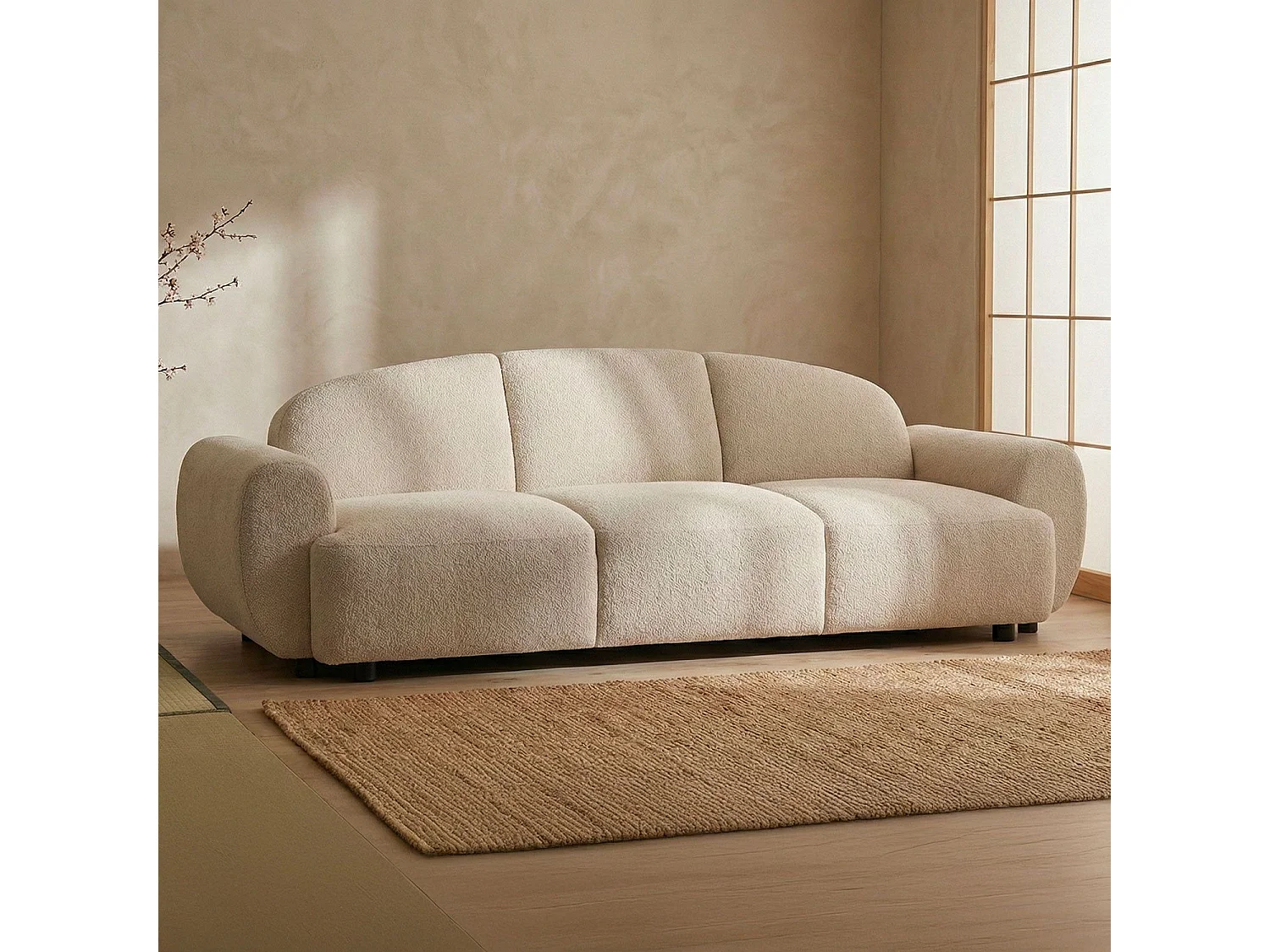 Canapé 3 places convertible dossier et accoudoirs arrondis Oliver Tissu texturé Beige