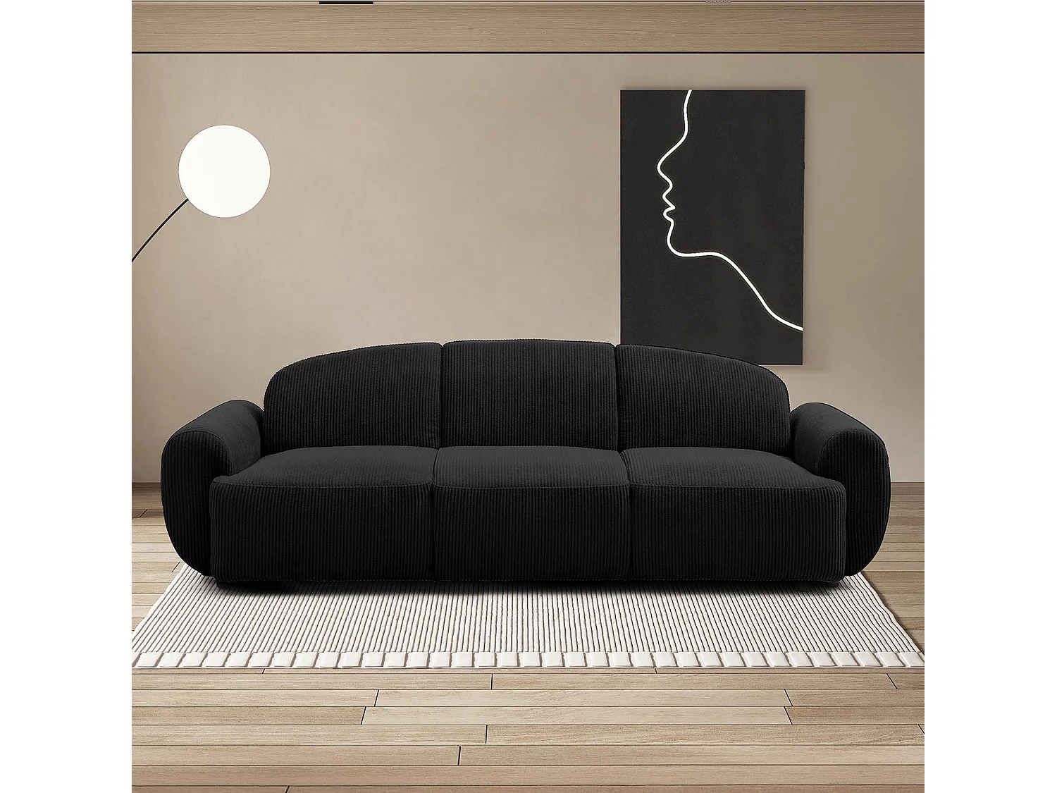 Canapé 3 places convertible dossier et accoudoirs arrondis Oliver Velours côtelé Noir