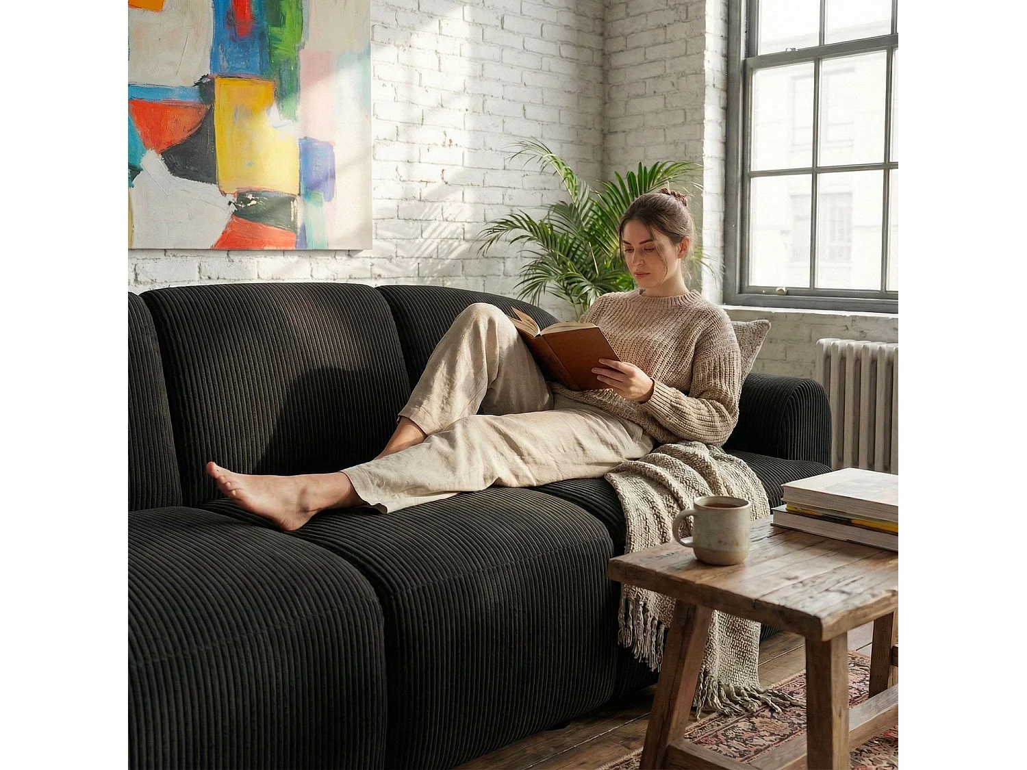 Canapé 3 places convertible dossier et accoudoirs arrondis Oliver Velours côtelé Noir