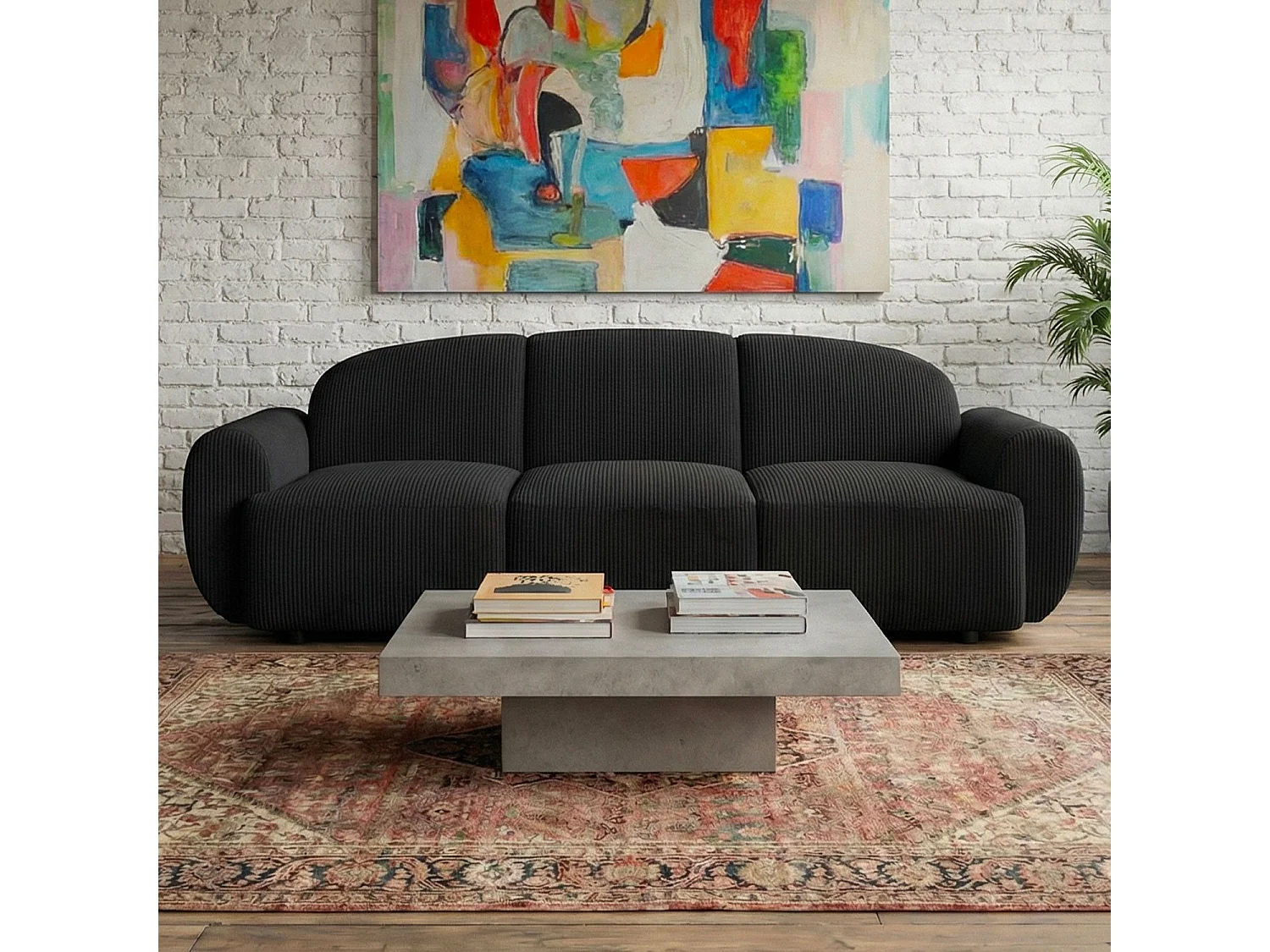 Canapé 3 places convertible dossier et accoudoirs arrondis Oliver Velours côtelé Noir