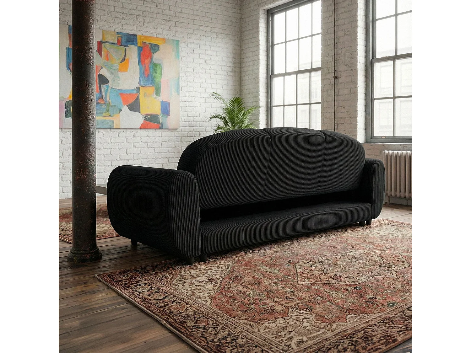 Canapé 3 places convertible dossier et accoudoirs arrondis Oliver Velours côtelé Noir