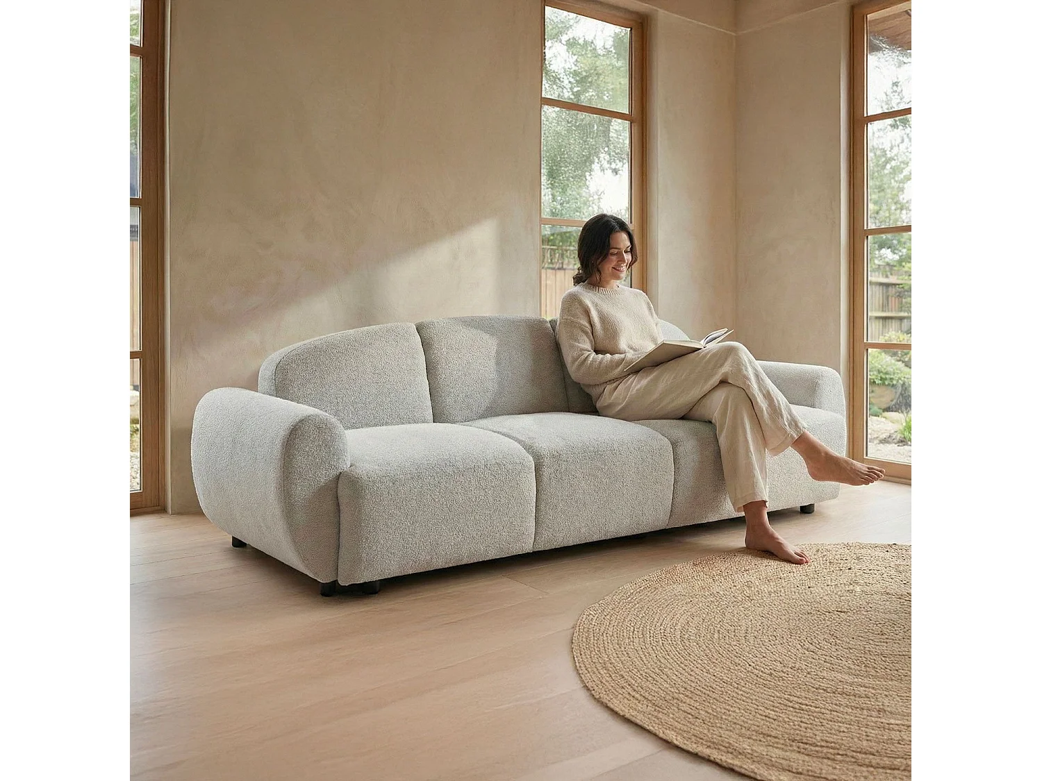 Canapé 3 places convertible dossier et accoudoirs arrondis Oliver Tissu texturé Gris