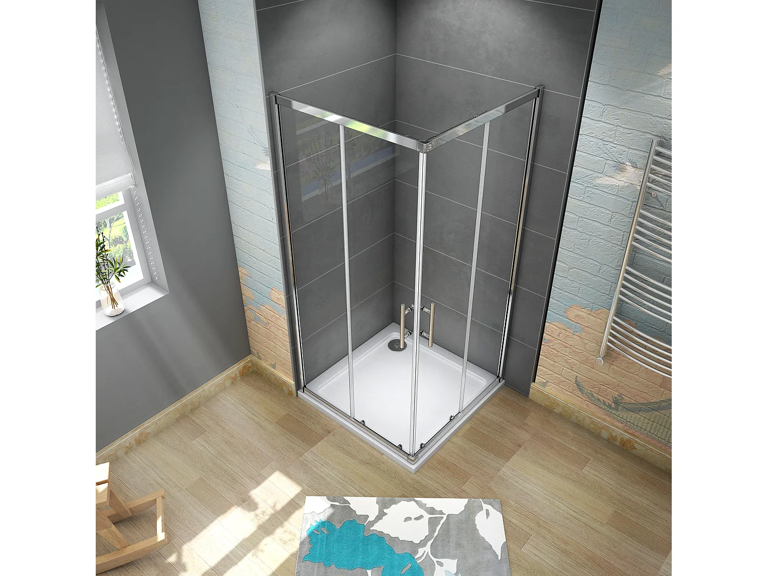 AICA Cabine de douche 90x90x185cm  accès d'angle - Chromée , porte de douche coulissante, en 6mm verre anticalcaire, cabine de douche noire