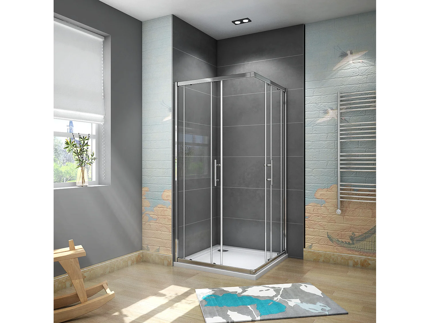 AICA Cabine de douche 90x90x185cm  accès d'angle - Chromée , porte de douche coulissante, en 6mm verre anticalcaire, cabine de douche noire