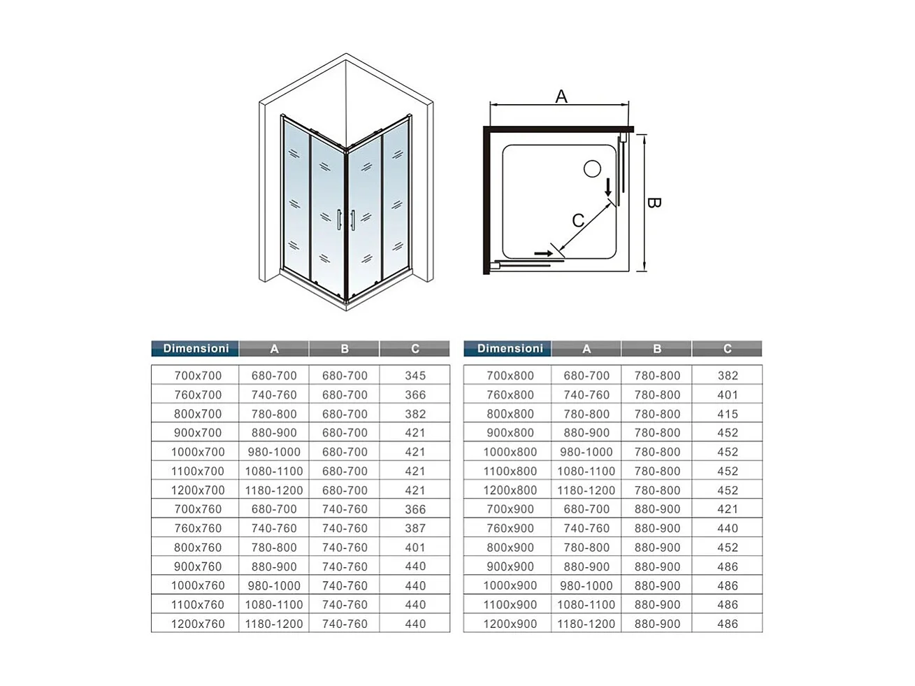 AICA Douchecabine 90x90x185cm hoekinstap - Chroom, schuifdeur voor douche, 6mm antikalk glas, zwarte douchecabine