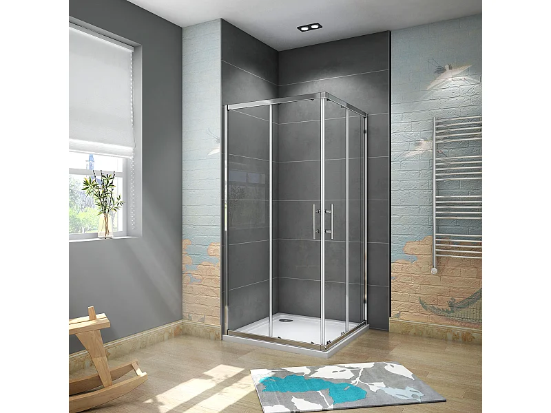 AICA Douchecabine 90x90x185cm hoekinstap - Chroom, schuifdeur voor douche, 6mm antikalk glas, zwarte douchecabine