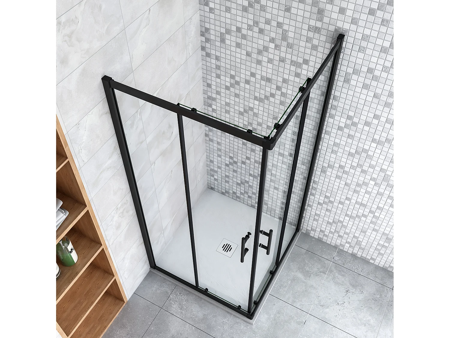 AICA Cabine de douche 90x90x200cm  accès d'angle - Noir Mat , porte de douche coulissante, en 6mm verre anticalcaire, cabine de douche noire