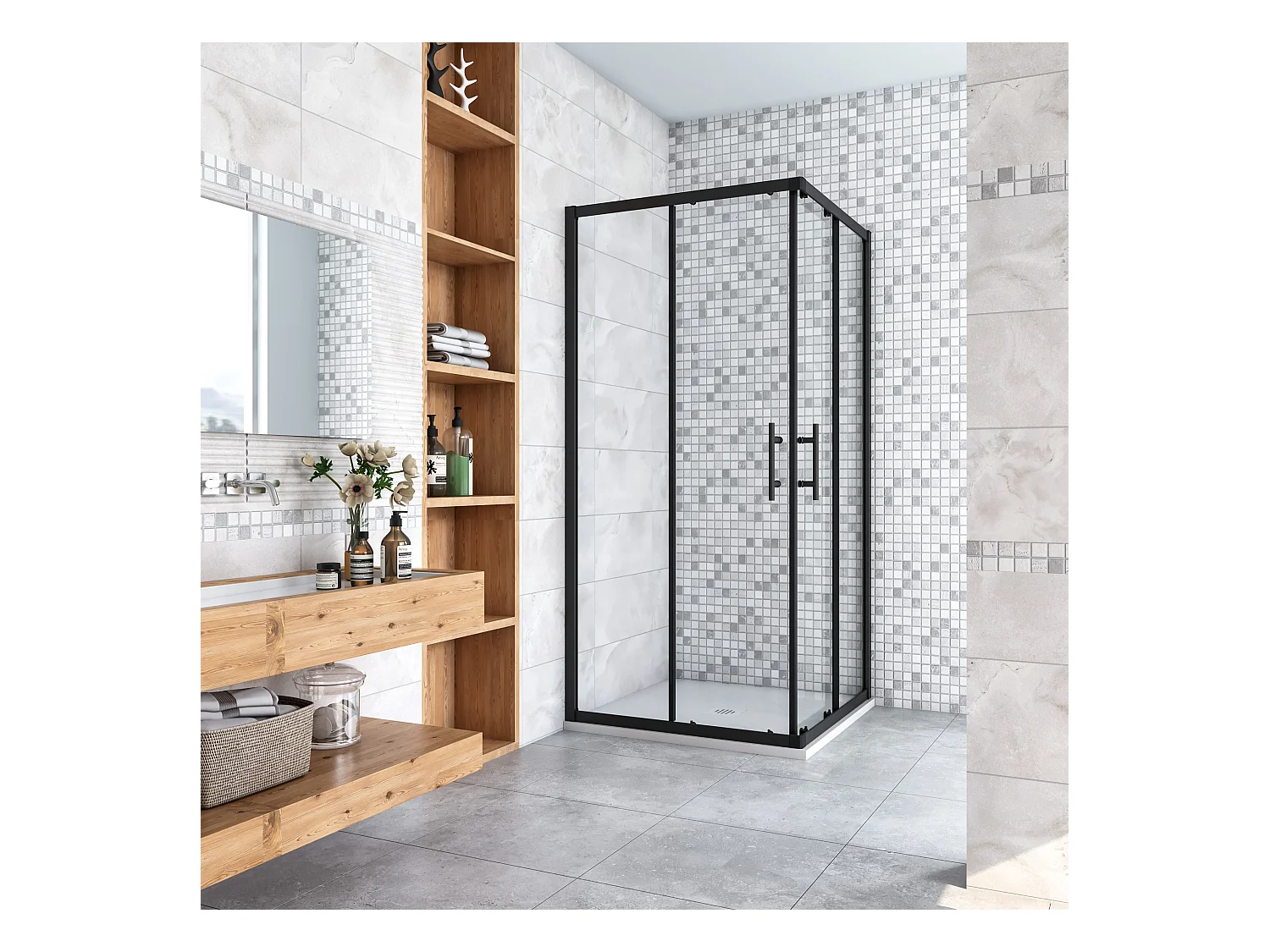 AICA Cabine de douche 90x90x200cm  accès d'angle - Noir Mat , porte de douche coulissante, en 6mm verre anticalcaire, cabine de douche noire