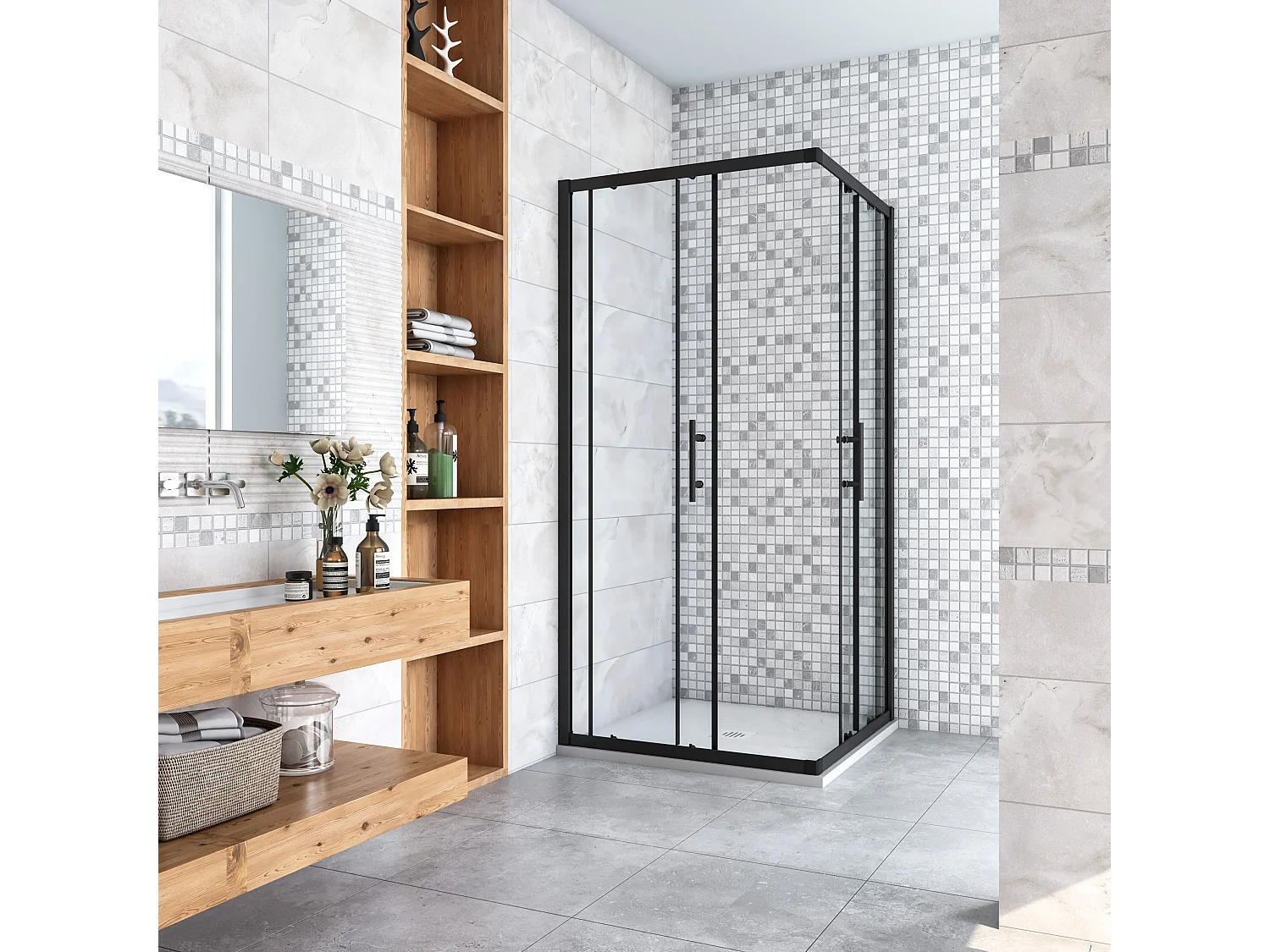 AICA Cabine de douche 90x90x200cm  accès d'angle - Noir Mat , porte de douche coulissante, en 6mm verre anticalcaire, cabine de douche noire