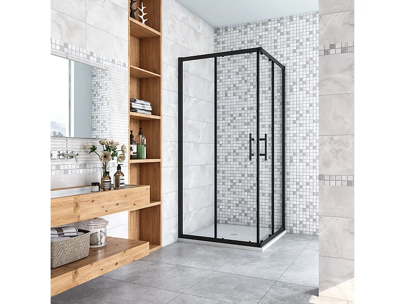 AICA Douchecabine 80x80x200cm hoektoegang - Mat Zwart, schuifdeur voor douche, 6mm antikalk glas, zwarte douchecabine