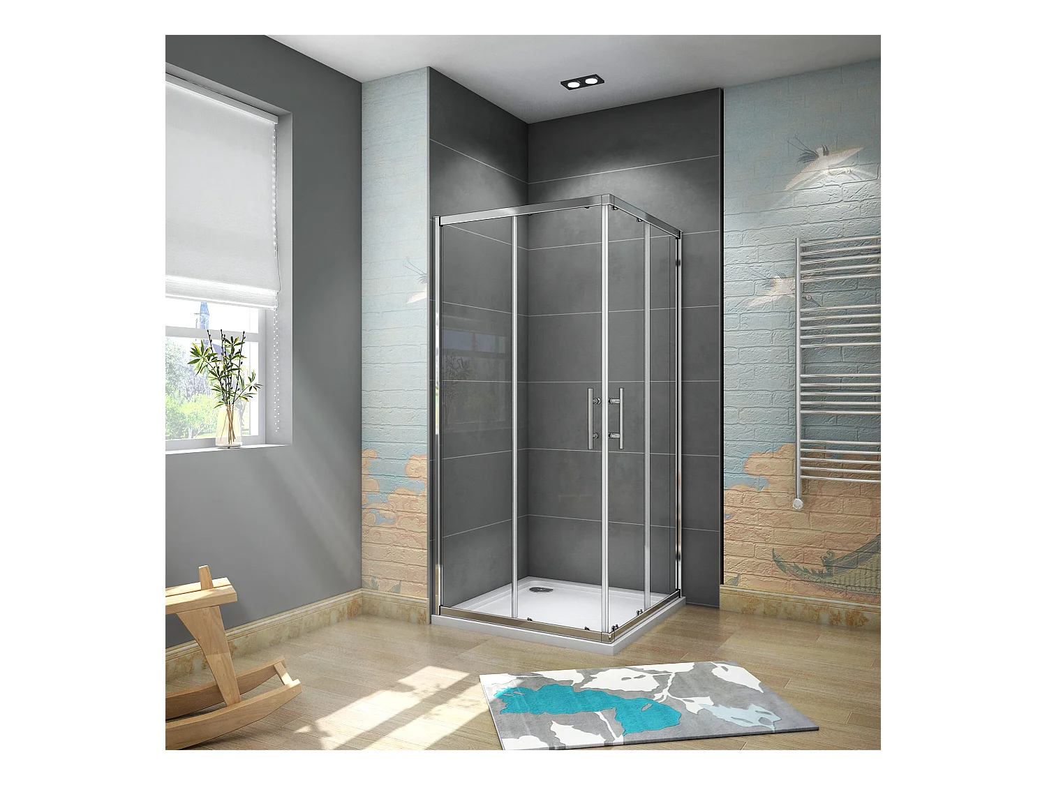 AICA Cabine de douche 80x80x185cm  accès d'angle - Chromée , porte de douche coulissante, en 6mm verre anticalcaire, cabine de douche noire