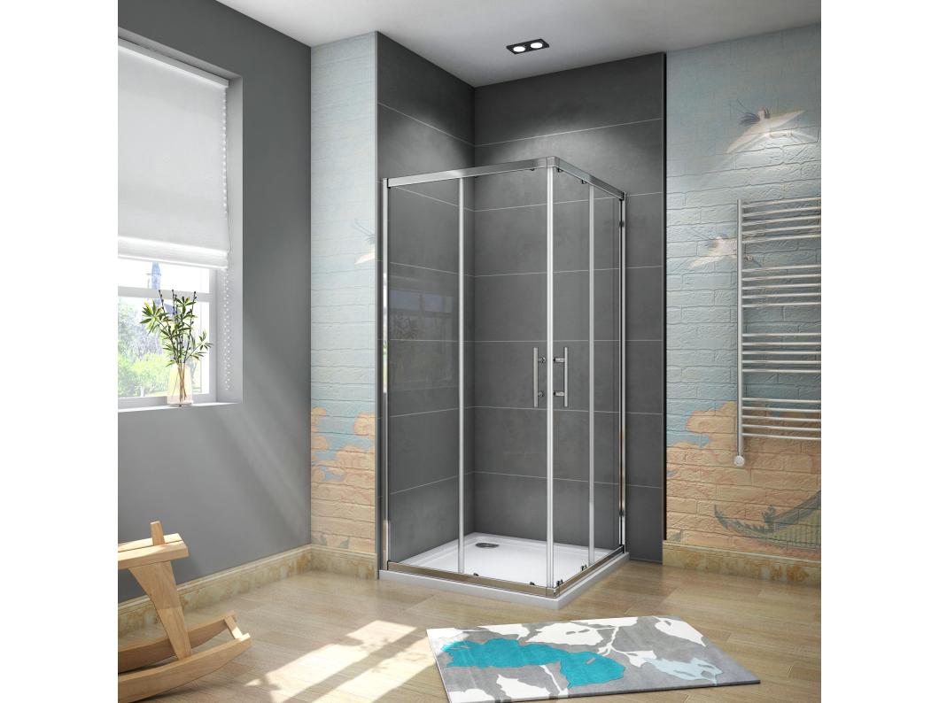 AICA Cabine de douche 80x80x185cm  accès d'angle - Chromée , porte de douche coulissante, en 6mm verre anticalcaire, cabine de douche noire