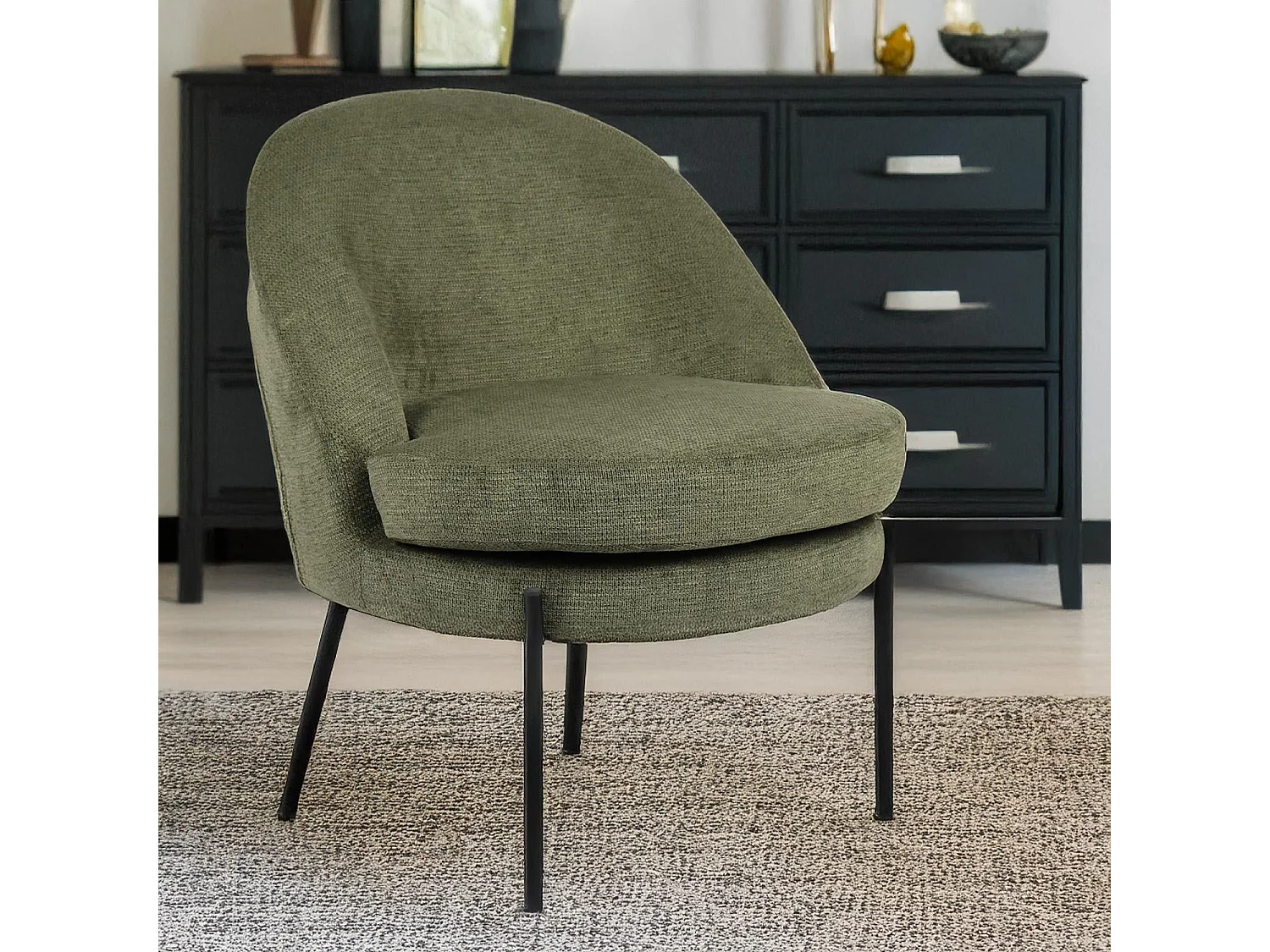 Fauteuil moderne au dossier arrondi Thiago Tissu Vert Kaki