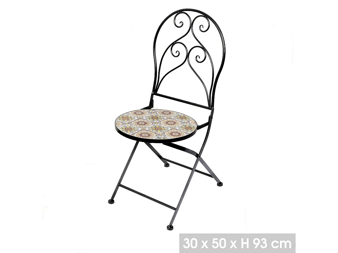 Lote de 2 cadeiras de jardim bistrô dobráveis – Mosaico decorativo – Metal preto – 30x50x93 cm