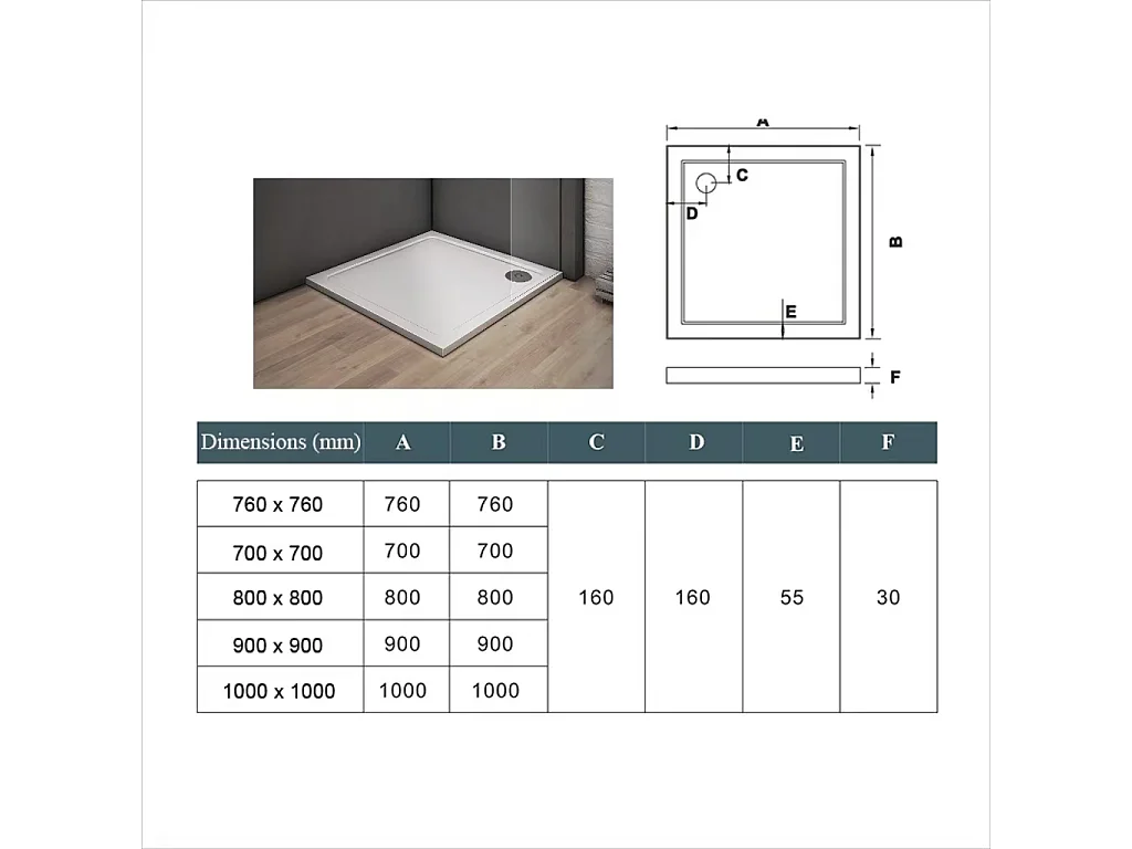 Aica Receveur De Douche blanc 70x70cm carré bac à douche,extra-plat à poser ou à encastrer,avec le kit de pieds