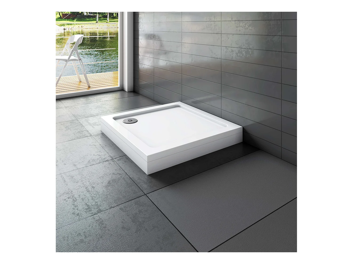 Aica Witte Douchebak 90x90cm vierkante douchebak, extra plat om in te bouwen of te monteren, met voetset