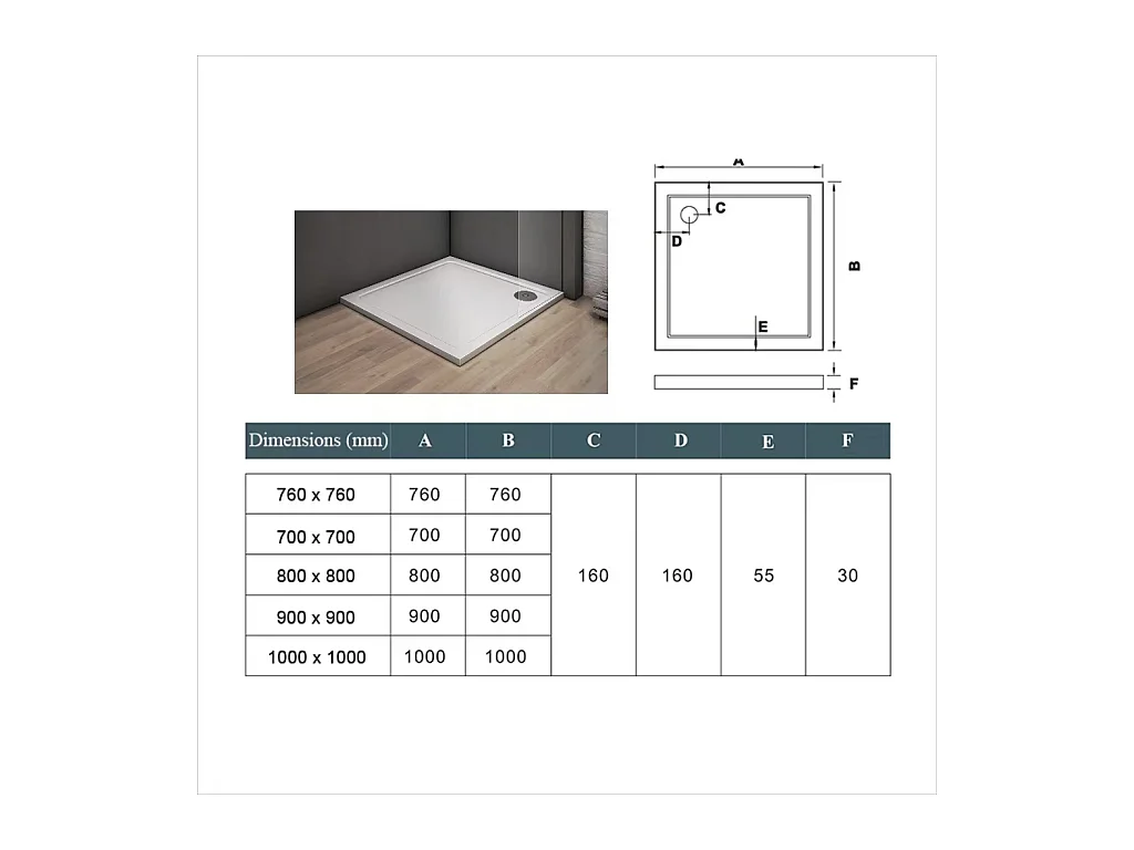 Aica Receveur De Douche blanc 80x80cm carré bac à douche,extra-plat à poser ou à encastrer,avec le kit de pieds