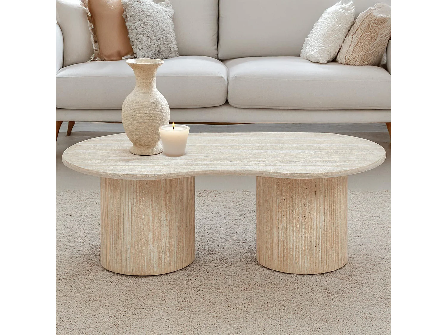 Table basse moderne 70x130cm avec pieds style colonnes Gwendoline Effet travertin Beige