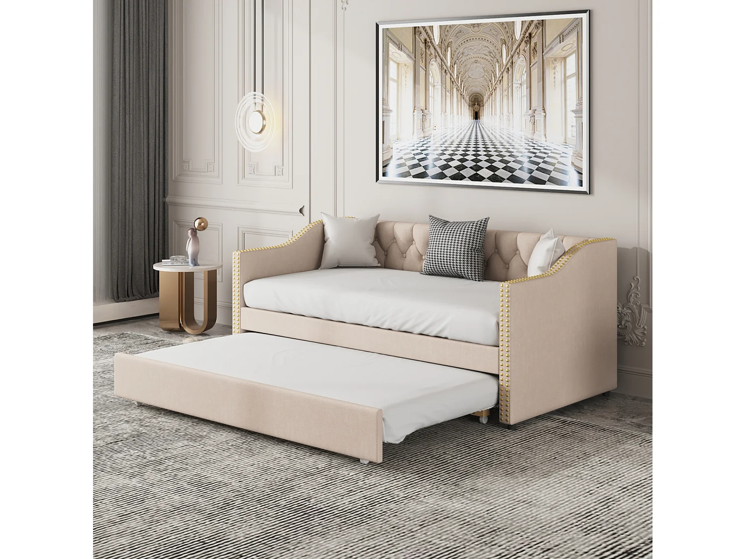 Canapé lit enfant 90x200 m cm, canapé lit gigogne, lin résistant à l'usure, gris