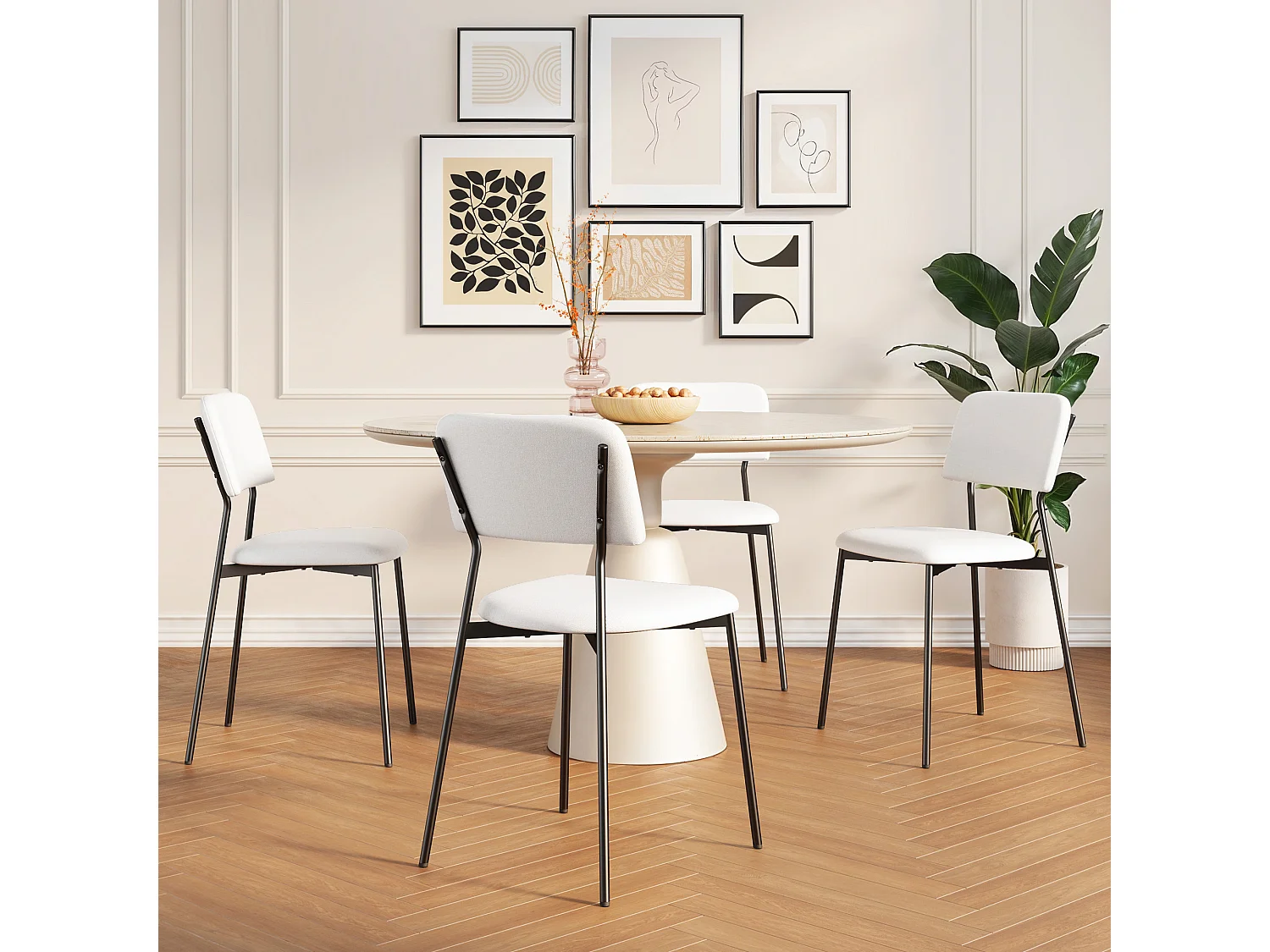 Bealife Ensemble de 4 Chaises avec Coussin – Cadre Métallique, Dossier, Blanc