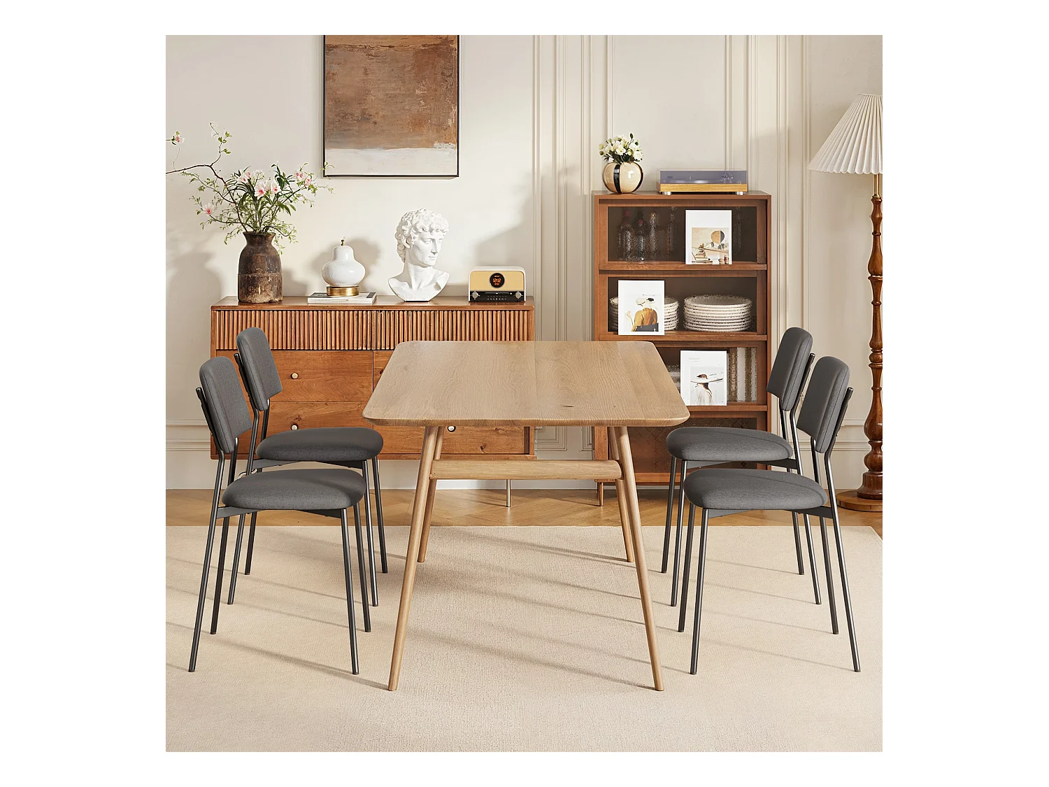 Bealife Set van 4 stoelen met kussen – Metalen frame, Rugleuning, Donkergrijs