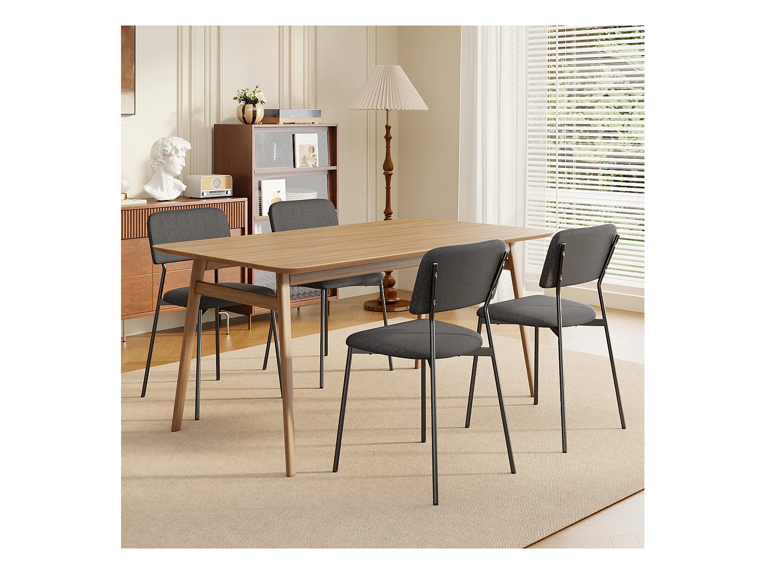 Bealife Set van 4 stoelen met kussen – Metalen frame, Rugleuning, Donkergrijs