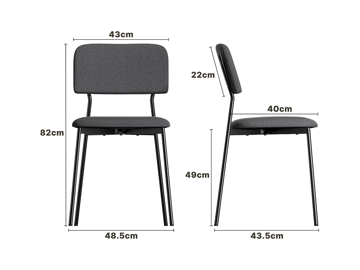 Bealife Set van 4 stoelen met kussen – Metalen frame, Rugleuning, Donkergrijs