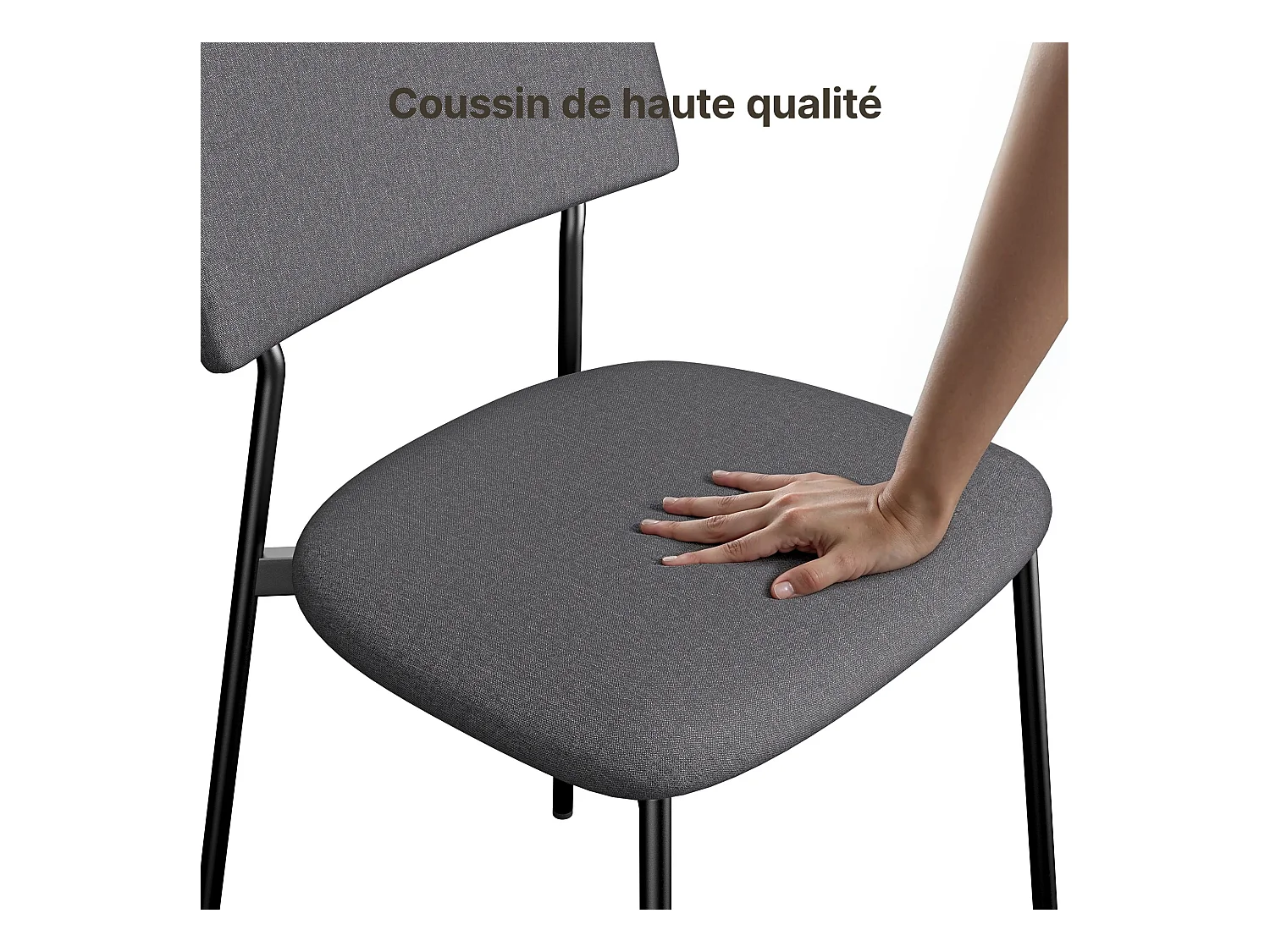 Bealife Set van 4 stoelen met kussen – Metalen frame, Rugleuning, Donkergrijs