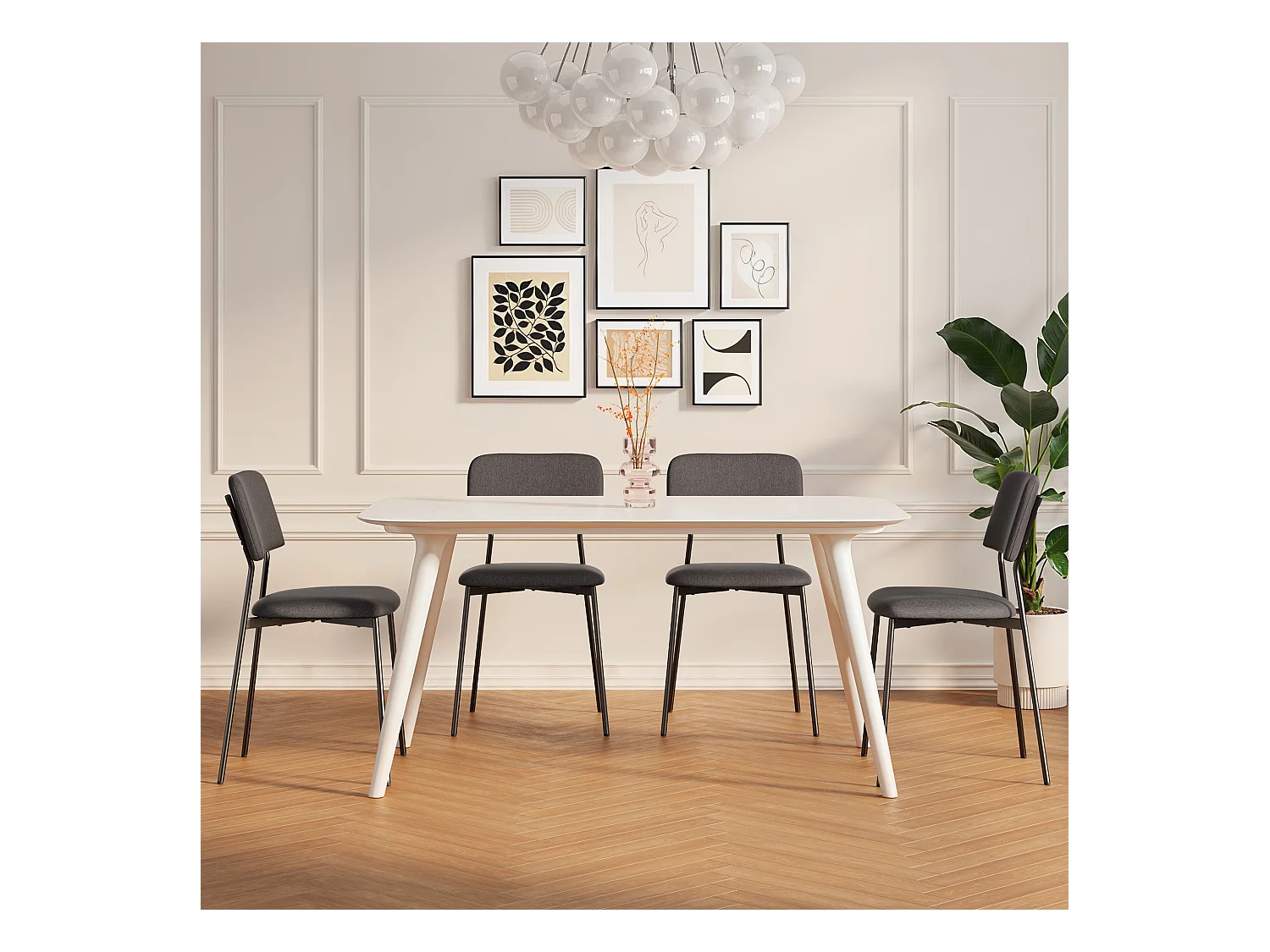 Bealife Set van 4 stoelen met kussen – Metalen frame, Rugleuning, Donkergrijs