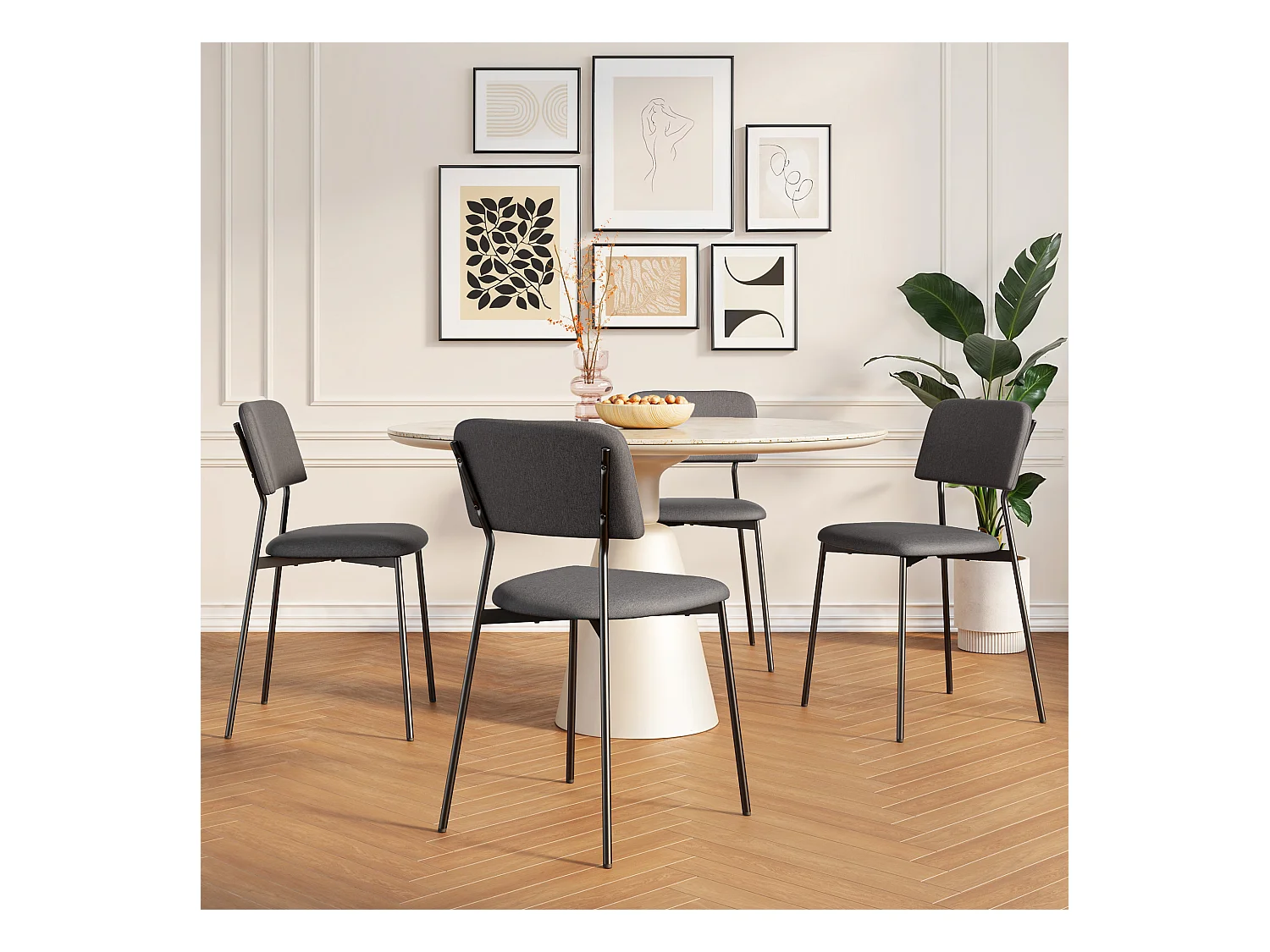 Bealife Set van 4 stoelen met kussen – Metalen frame, Rugleuning, Donkergrijs